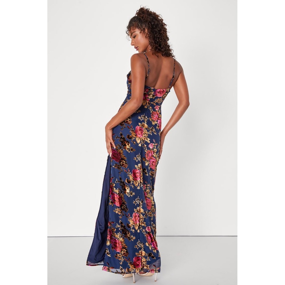 Lulus Navy Blue Floral Burnout Velvet Cowl Neck Maxi Dress Slit NWT Size S - Picture 2 of 14